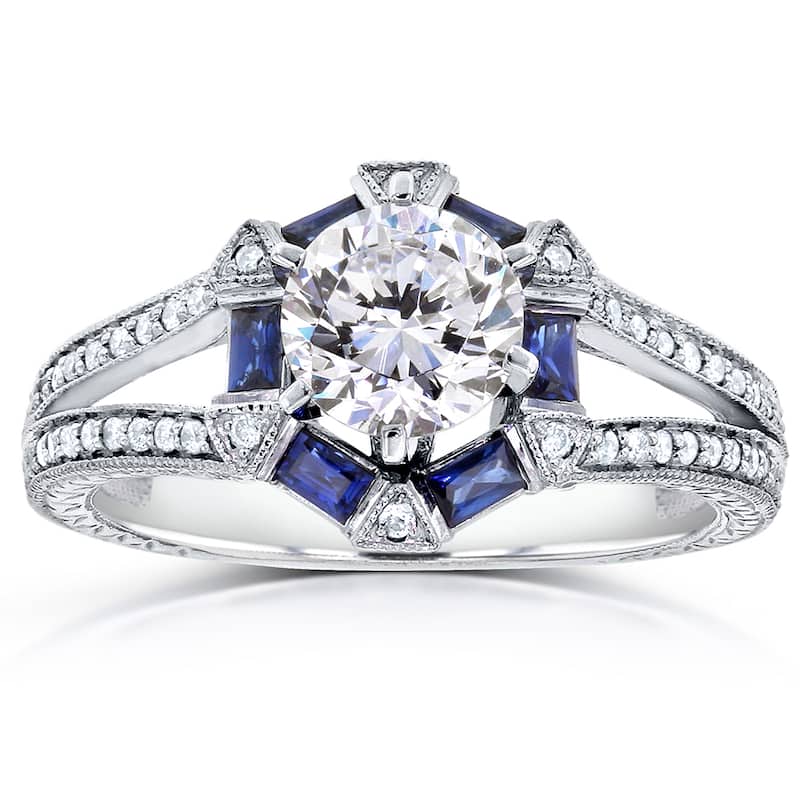 Annello by Kobelli 14k White Gold 1 3/5ct TGW Forever One DEF Moissanite, Baguette Sapphire. and Diamond Art Deco Ring - 4