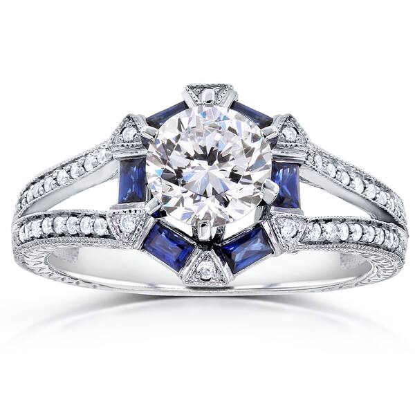 slide 1 of 6, Annello by Kobelli 14k White Gold 1 3/5ct TGW Forever One DEF Moissanite, Baguette Sapphire. and Diamond Art Deco Ring