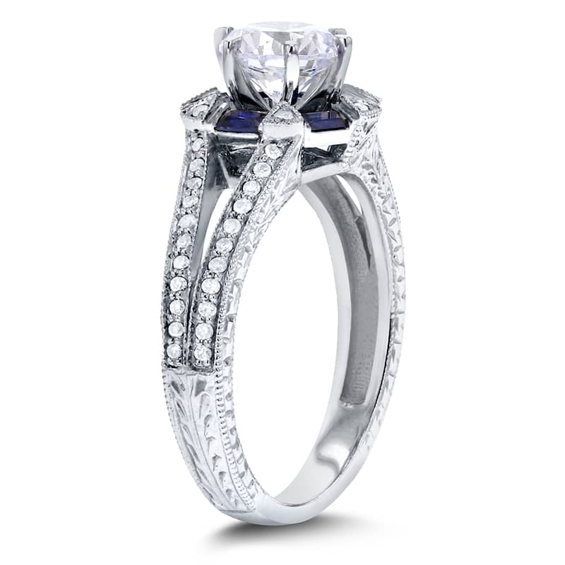 Annello by Kobelli 14k White Gold 1 3/5ct TGW Forever One DEF Moissanite, Baguette Sapphire. and Diamond Art Deco Ring