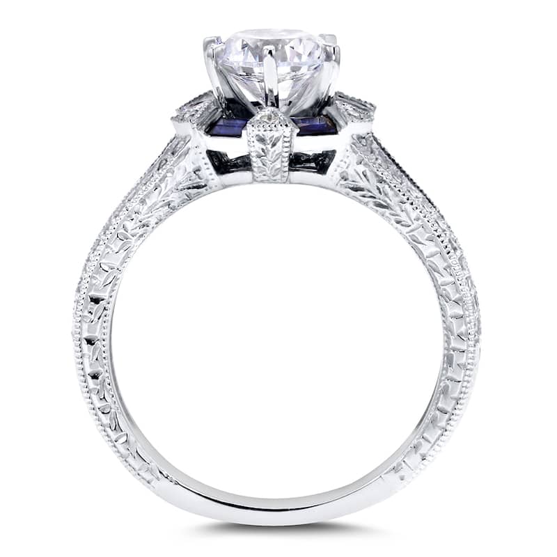 Annello by Kobelli 14k White Gold 1 3/5ct TGW Forever One DEF Moissanite, Baguette Sapphire. and Diamond Art Deco Ring
