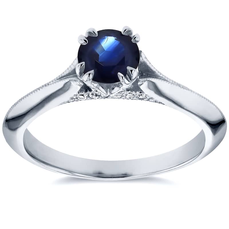 Annello by Kobelli 14k White Gold Blue Sapphire and Diamond Accent Antique Floral Sleek Edged Engage - 4