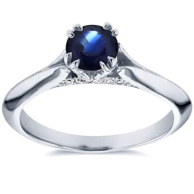 Annello by Kobelli 14k White Gold Blue Sapphire and Diamond Accent Antique Floral Sleek Edged Engage