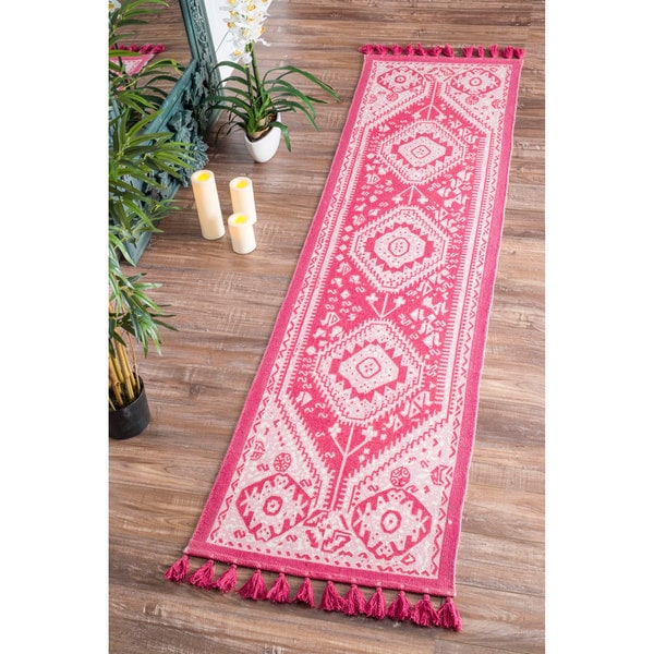 nuLOOM Flatweave Tribal Diamond Dragon Cotton Tassel Pink ...