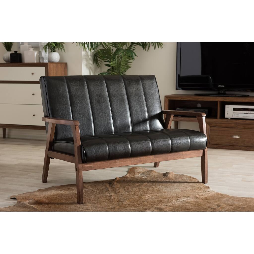 Baxton Studio Nikko Mid-century Modern Scandinavian Style Black Faux Leather Wooden 2-Seater Loveseat