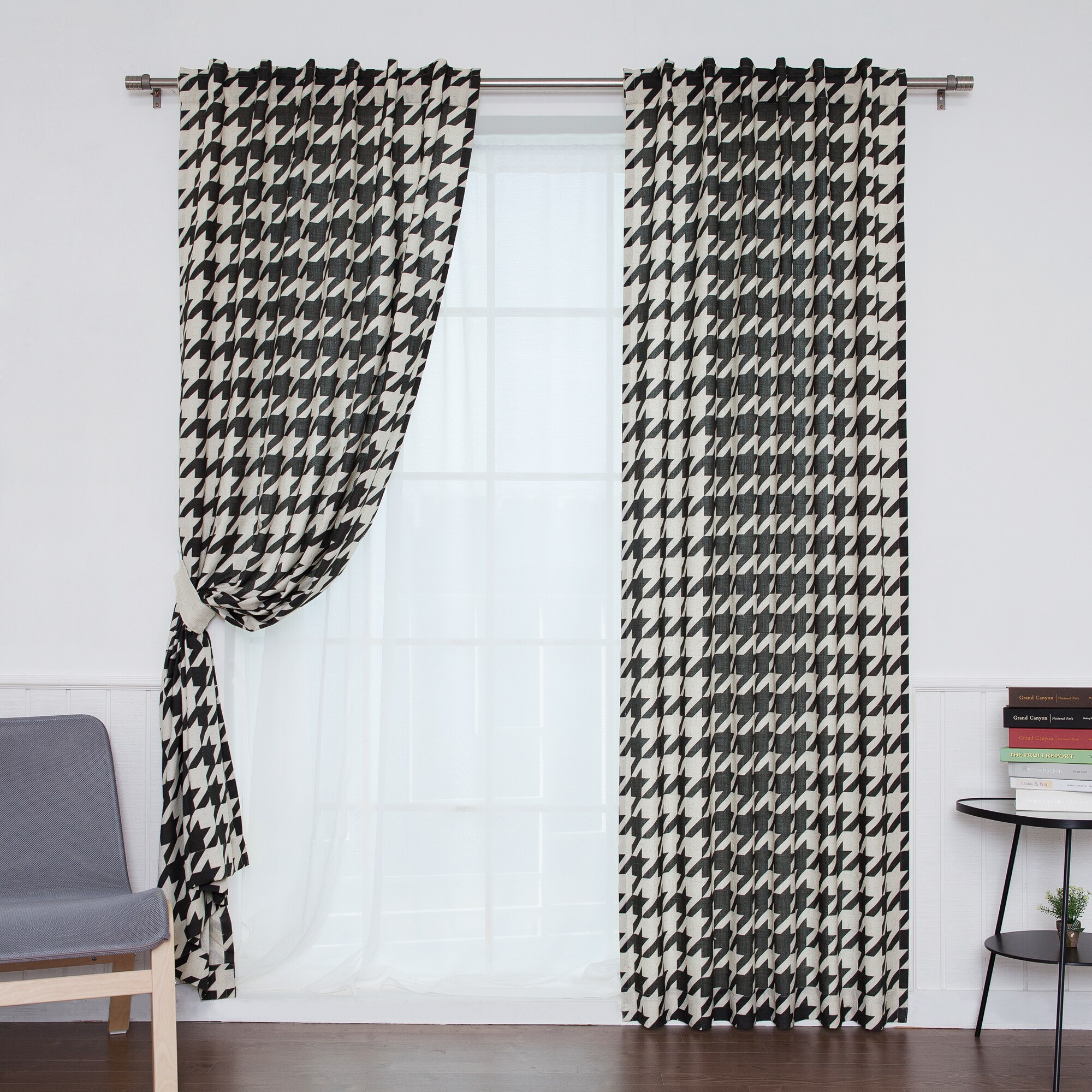 Aurora Home Houndstooth Print Flax Linen Blend Grommet Top Curtain Panel  Pair - 52 x 84