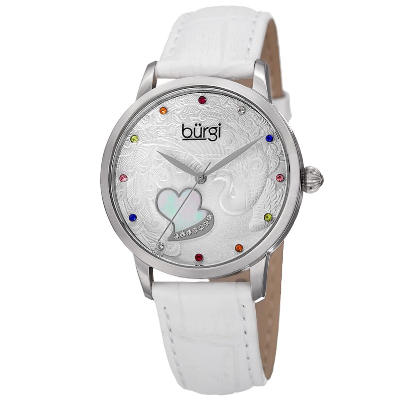 Burgi Women's Quartz Swarovski Crystal Leather White Strap Watch