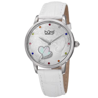Burgi Women's Quartz Swarovski Crystal Leather White Strap Watch