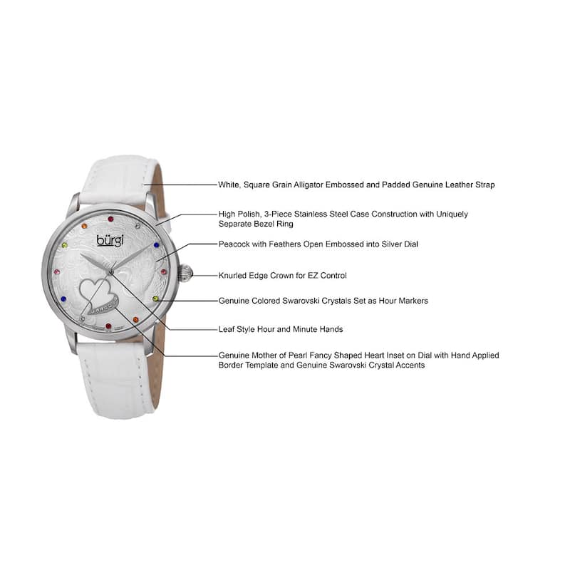 Burgi Women's Quartz Swarovski Crystal Leather White Strap Watch