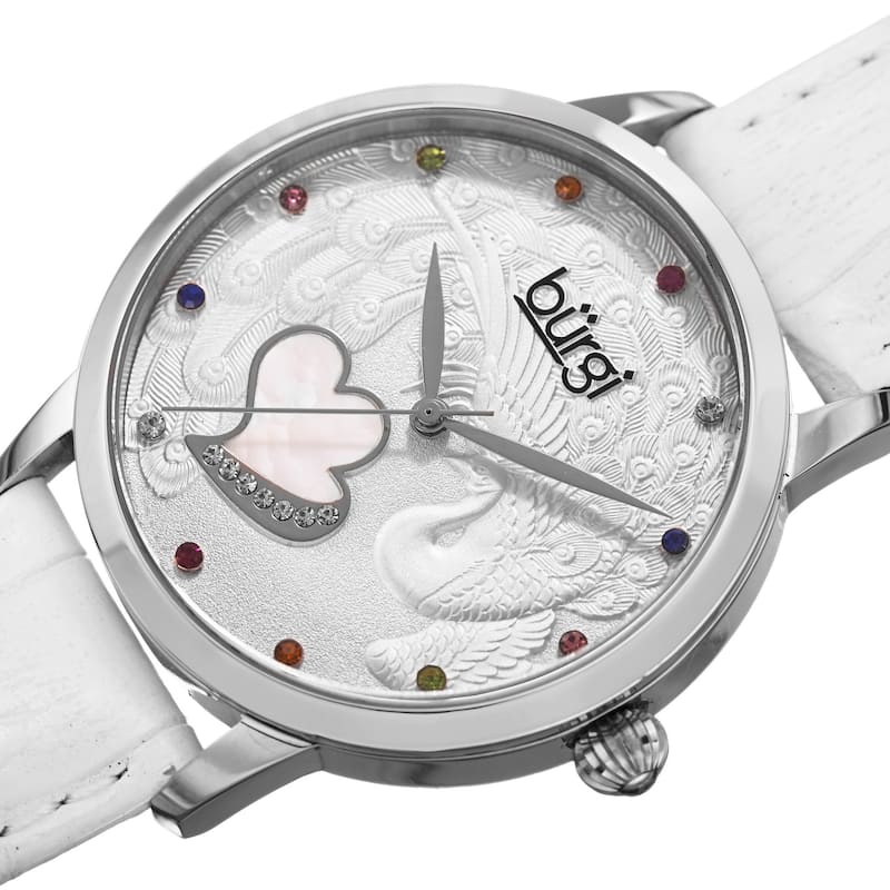 Burgi Women's Quartz Swarovski Crystal Leather White Strap Watch
