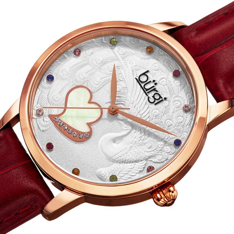 Burgi Women's Quartz Swarovski Crystal Leather Red Strap Watch