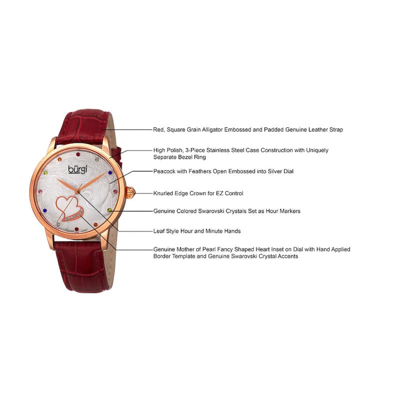 Burgi Women's Quartz Swarovski Crystal Leather Red Strap Watch
