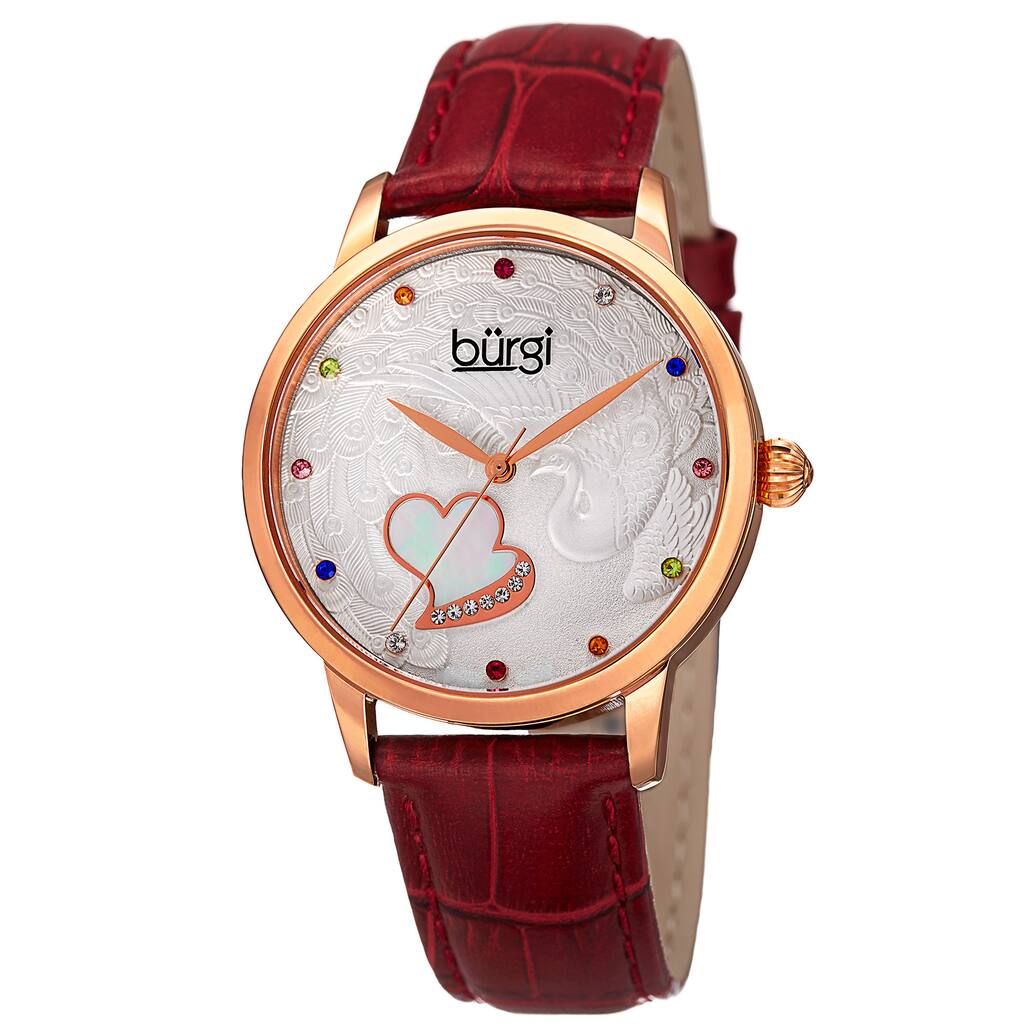 Burgi Women's Quartz Swarovski Crystal Leather Red Strap Watch