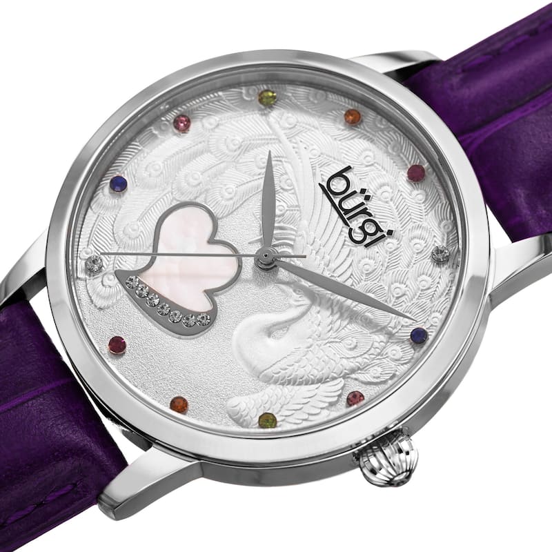 Burgi Women's Quartz Swarovski Crystal Leather Purple Strap Watch