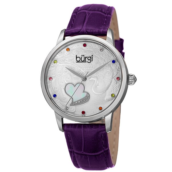 Burgi Women's Quartz Swarovski Crystal Leather Purple Strap Watch with FREE Bangle