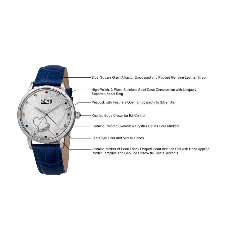 Burgi Women's Quartz Swarovski Crystal Leather Blue Strap Watch