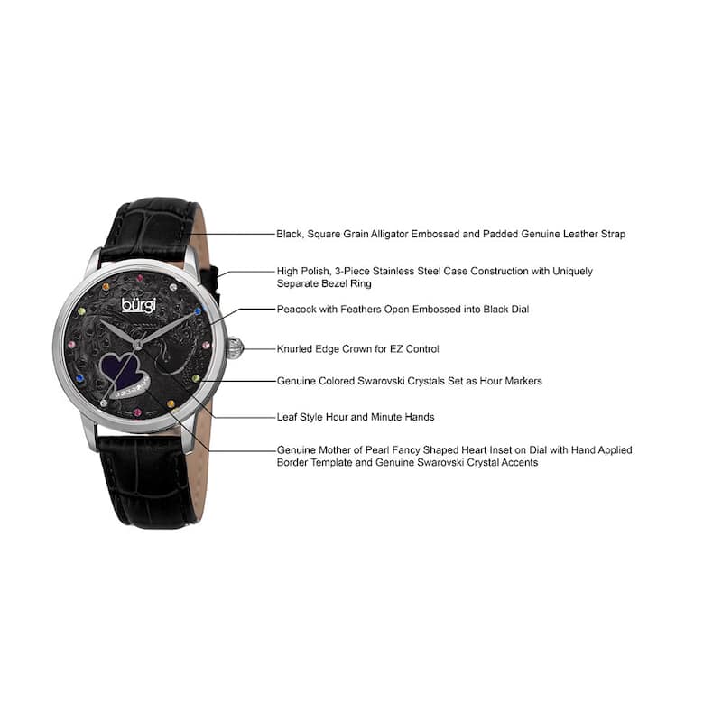 Burgi Women's Quartz Swarovski Crystal Leather Black Strap Watch