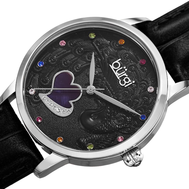 Burgi Women's Quartz Swarovski Crystal Leather Black Strap Watch