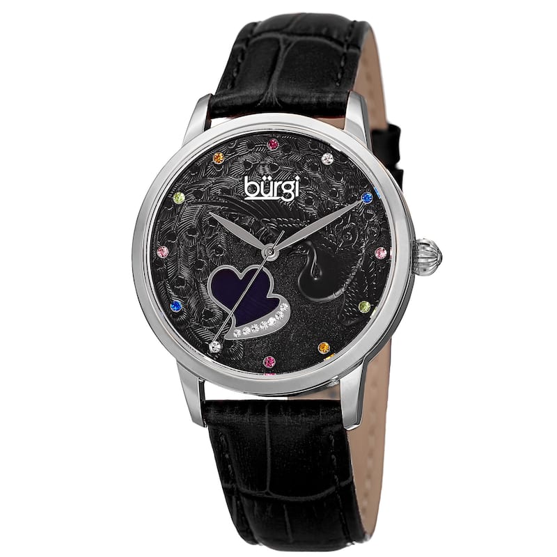 Burgi Women's Quartz Swarovski Crystal Leather Black Strap Watch