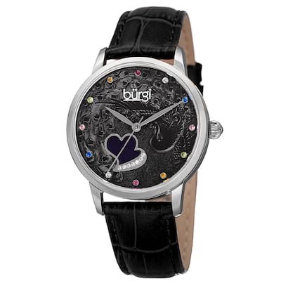 Burgi Women's Quartz Swarovski Crystal Leather Black Strap Watch