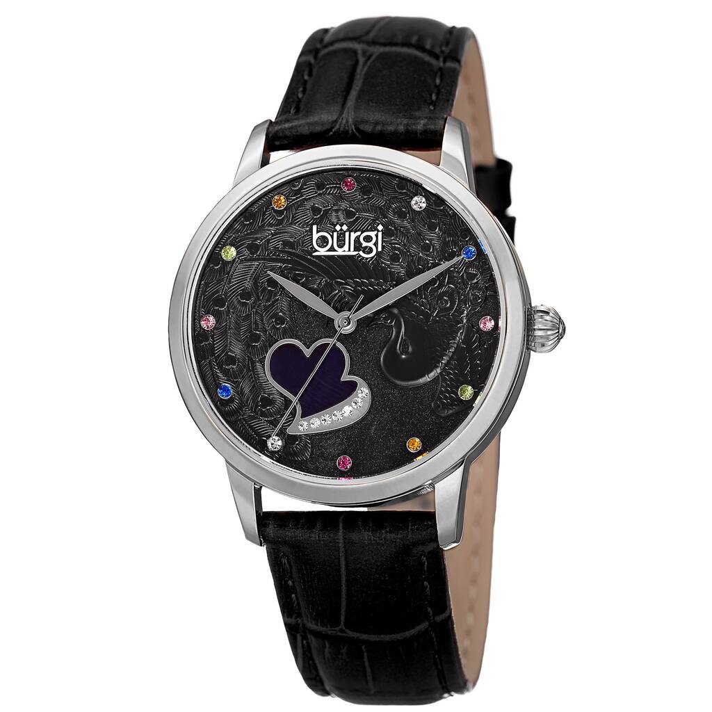 Burgi Women's Quartz Swarovski Crystal Leather Black Strap Watch