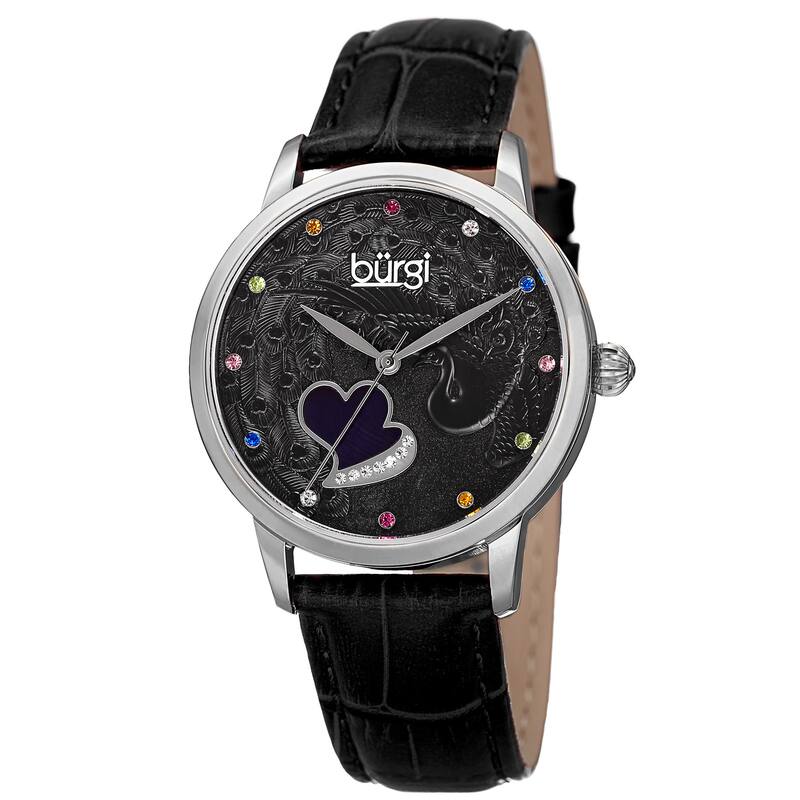 Burgi Women's Quartz Swarovski Crystal Leather Black Strap Watch