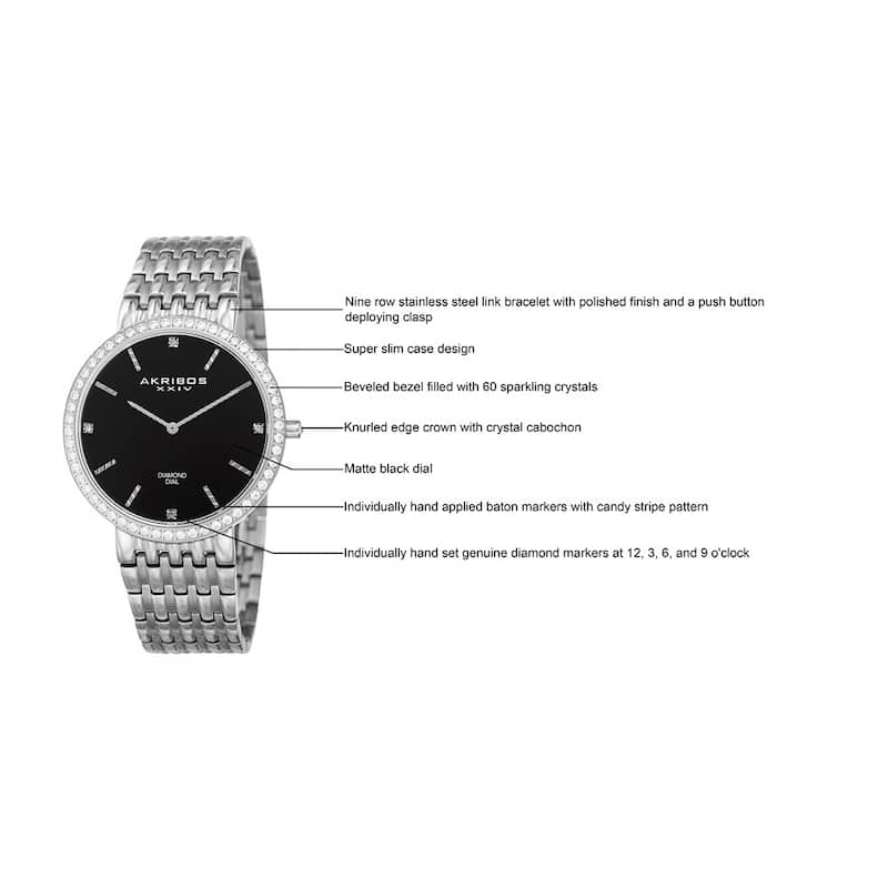 Akribos XXIV Men's Quartz Diamond Dial Stainless Steel Silver-Tone Bracelet Watch - Black