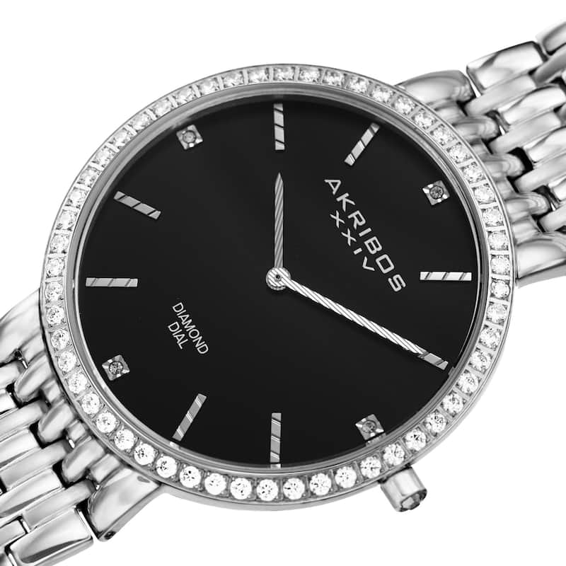 Akribos XXIV Men's Quartz Diamond Dial Stainless Steel Silver-Tone Bracelet Watch - Black