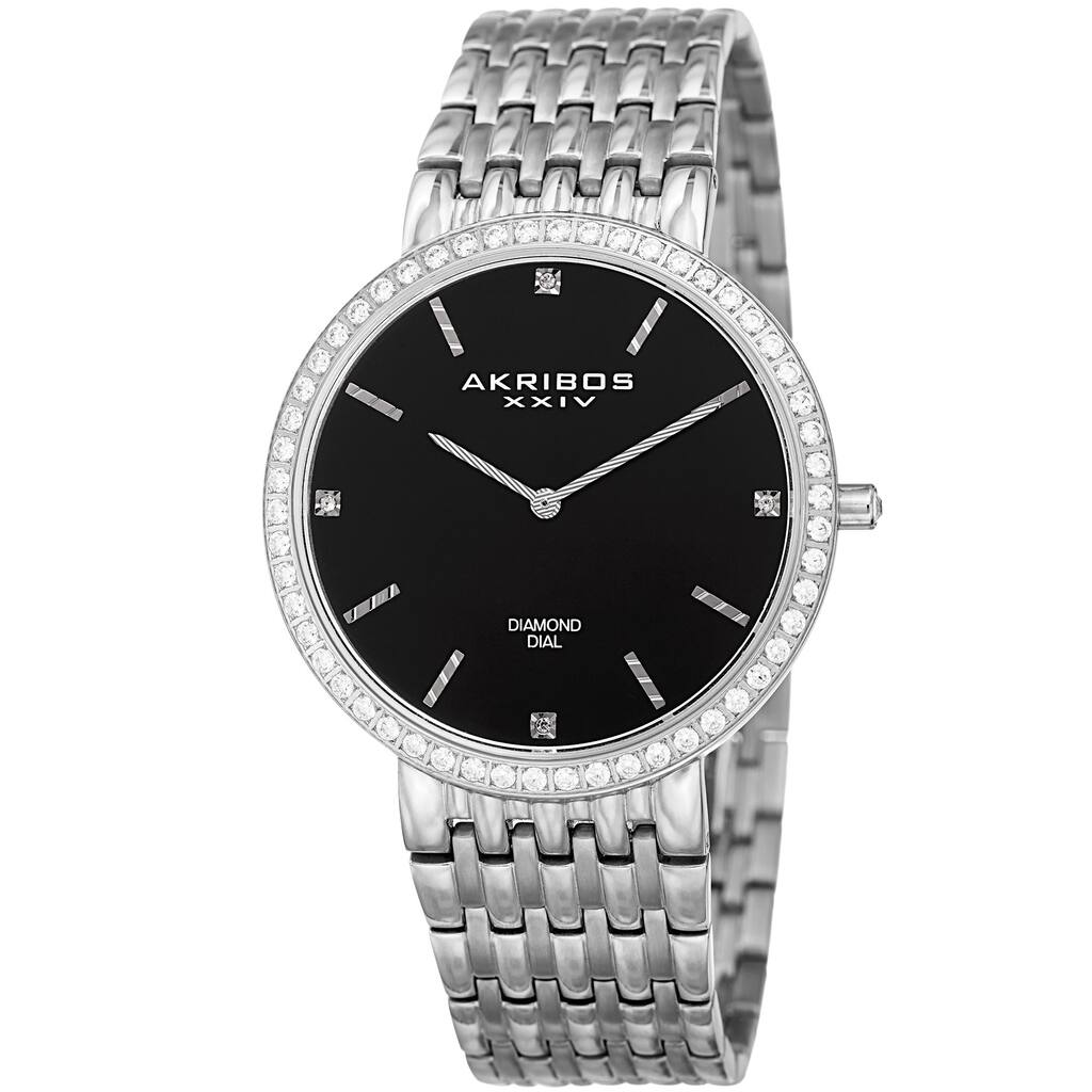 Akribos XXIV Men's Quartz Diamond Dial Stainless Steel Silver-Tone Bracelet Watch - Black