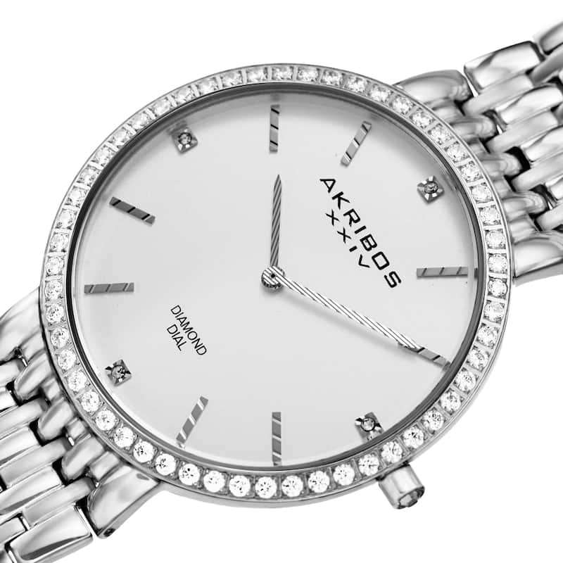 Akribos XXIV Men's Quartz Diamond Dial Stainless Steel Silver-Tone Bracelet Watch - silver