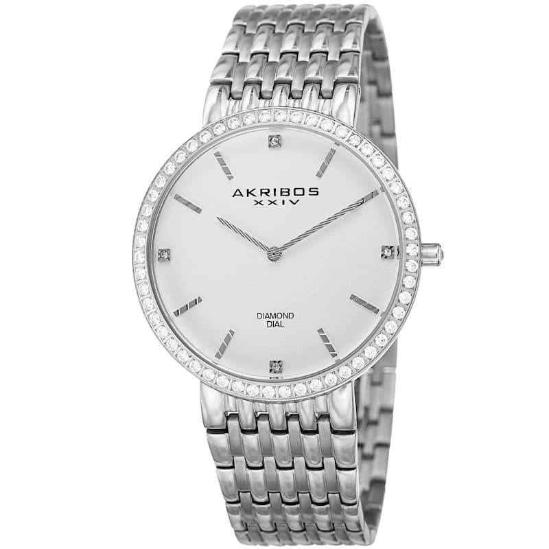 Akribos XXIV Men's Quartz Diamond Dial Stainless Steel Silver-Tone Bracelet Watch - silver