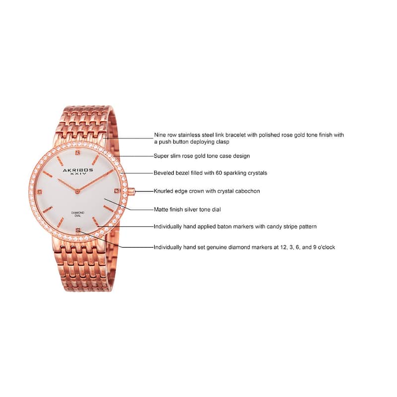 Akribos XXIV Men's Quartz Diamond Dial Stainless Steel Rose-Tone Bracelet Watch - PInk