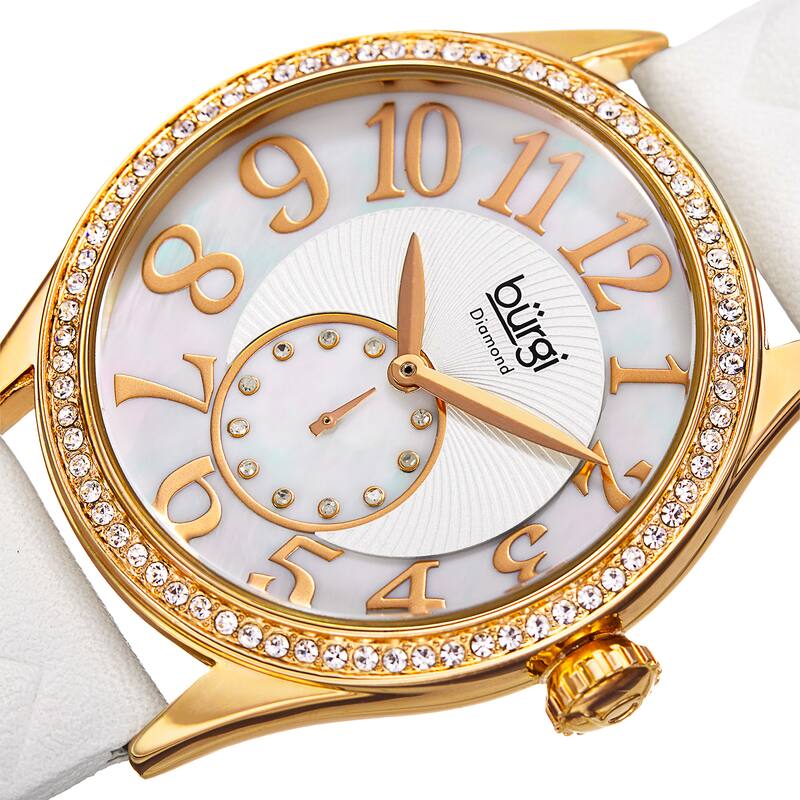 Burgi Women's Quartz Diamond Swarovski Crystal Leather White Strap Watch