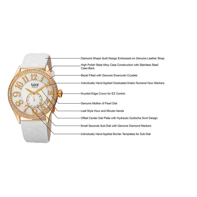 Burgi Women's Quartz Diamond Swarovski Crystal Leather White Strap Watch