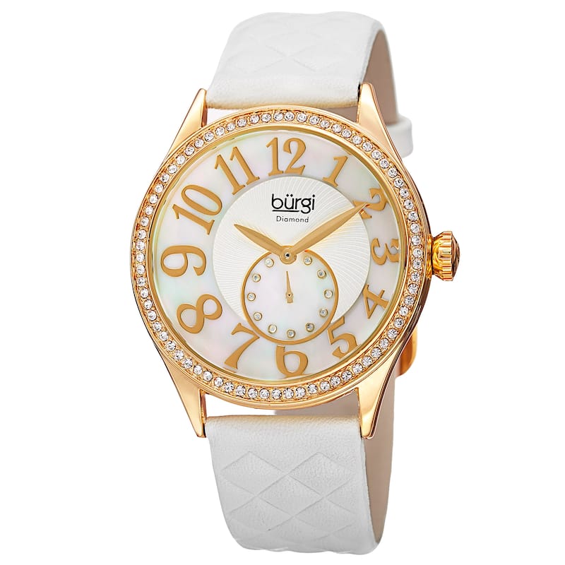 Burgi Women's Quartz Diamond Swarovski Crystal Leather White Strap Watch