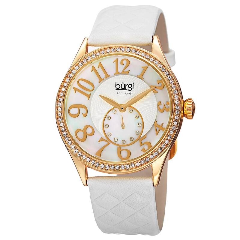 Burgi Women's Quartz Diamond Swarovski Crystal Leather White Strap Watch