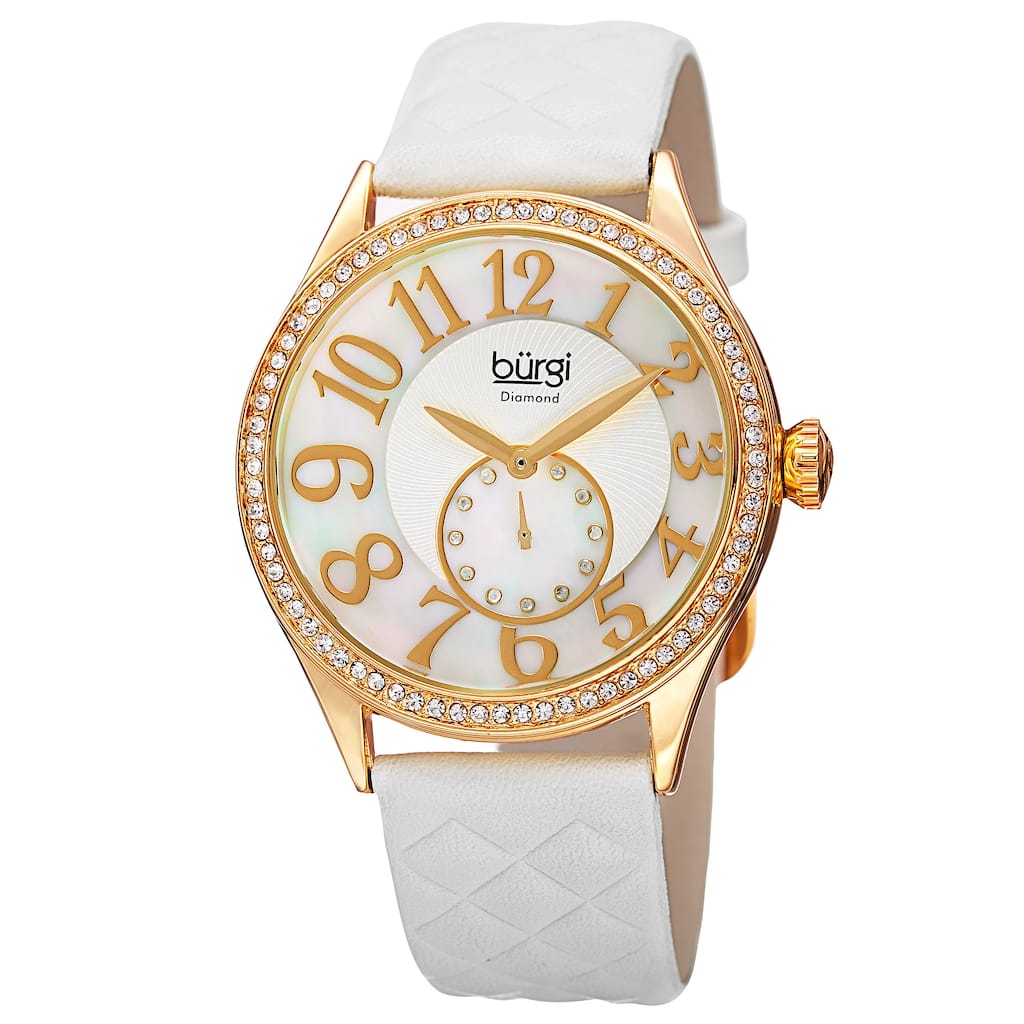 Burgi Women's Quartz Diamond Swarovski Crystal Leather White Strap Watch