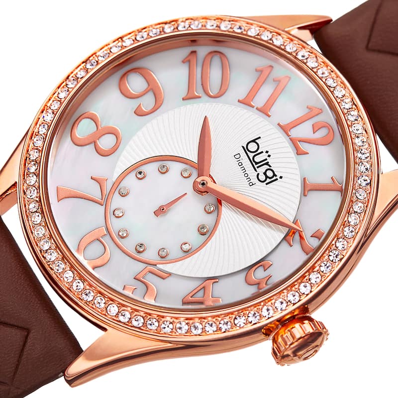 Burgi Women's Quartz Diamond Swarovski Crystal Leather Rose-Tone Strap Watch - brown