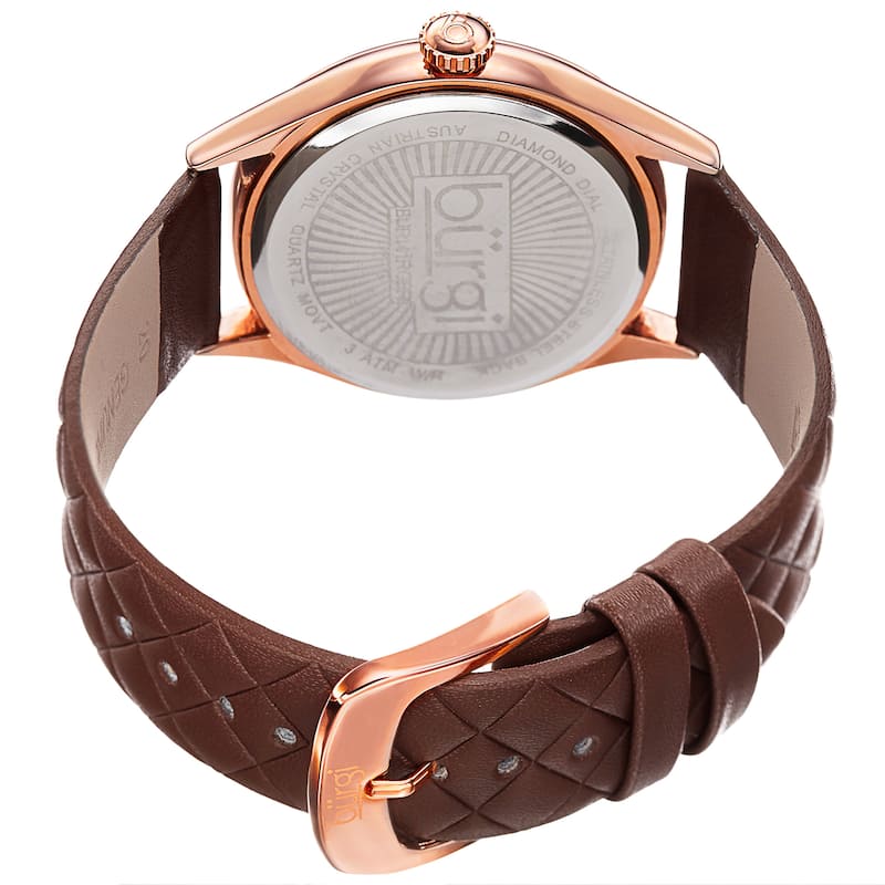 Burgi Women's Quartz Diamond Swarovski Crystal Leather Rose-Tone Strap Watch - brown