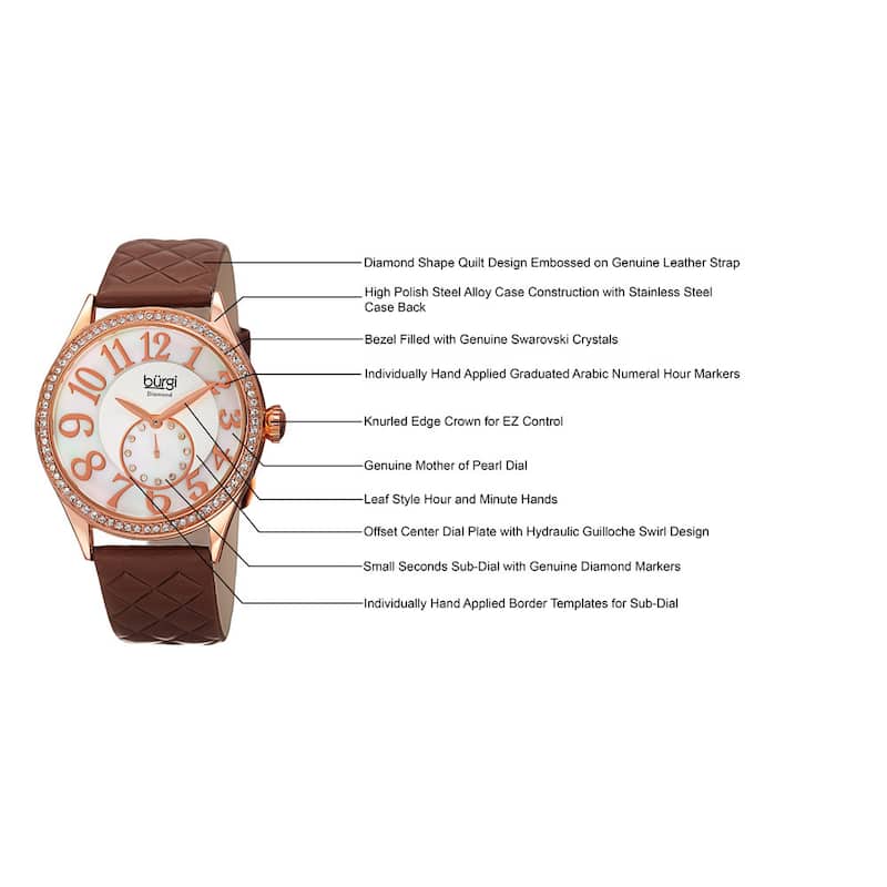 Burgi Women's Quartz Diamond Swarovski Crystal Leather Rose-Tone Strap Watch - brown