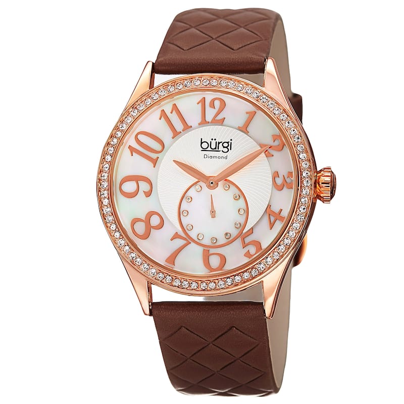 Burgi Women's Quartz Diamond Swarovski Crystal Leather Rose-Tone Strap Watch - brown