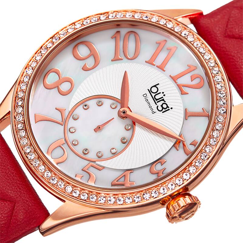 Burgi Women's Quartz Diamond Swarovski Crystal Leather Red Strap Watch