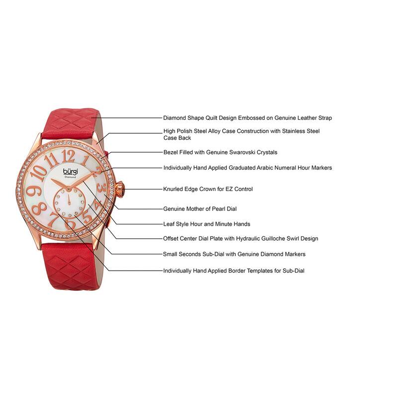 Burgi Women's Quartz Diamond Swarovski Crystal Leather Red Strap Watch