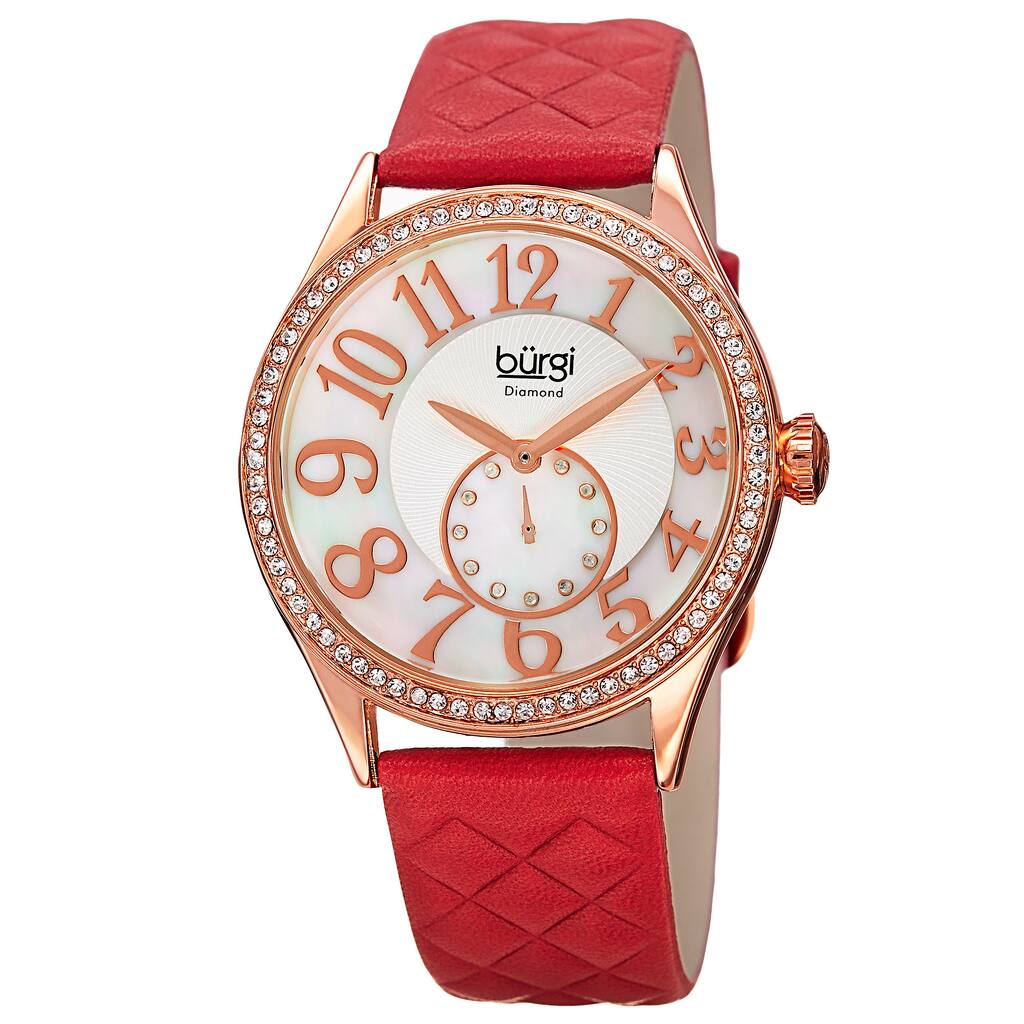 Burgi Women's Quartz Diamond Swarovski Crystal Leather Red Strap Watch