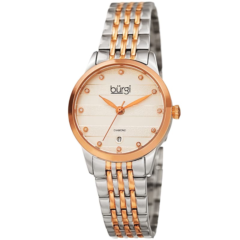 Burgi Women's Quartz Diamond Date Stainless Steel Two-Tone Bracelet Watch
