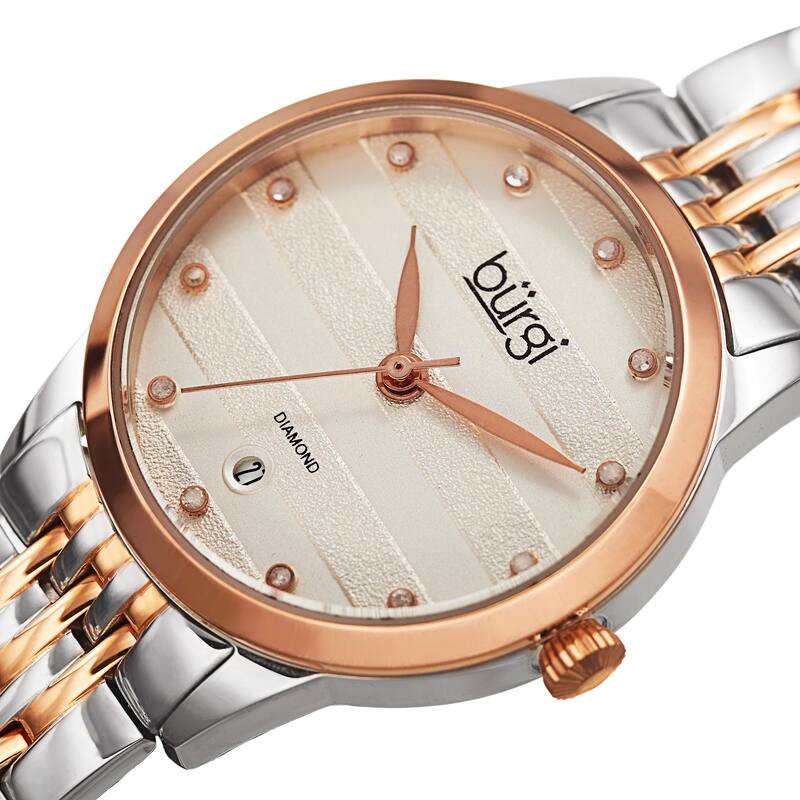 Burgi Women's Quartz Diamond Date Stainless Steel Two-Tone Bracelet Watch