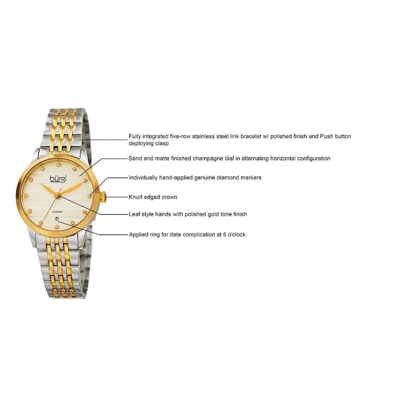 Burgi Women's Quartz Diamond Date Stainless Steel Two-Tone Bracelet Watch