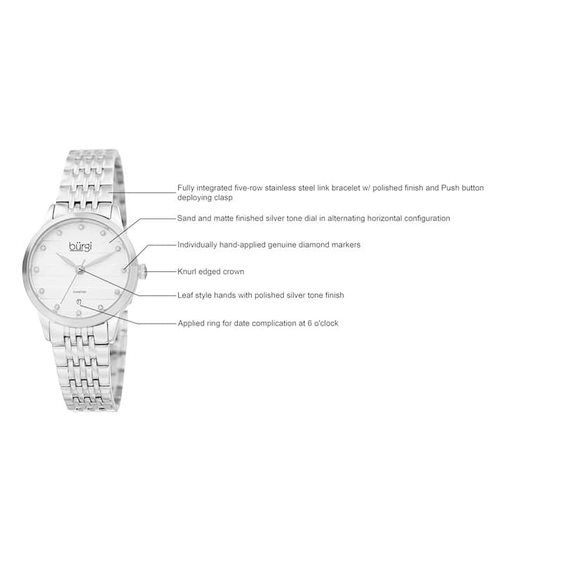 Burgi Women's Quartz Diamond Date Stainless Steel Silver-Tone Bracelet Watch - silver