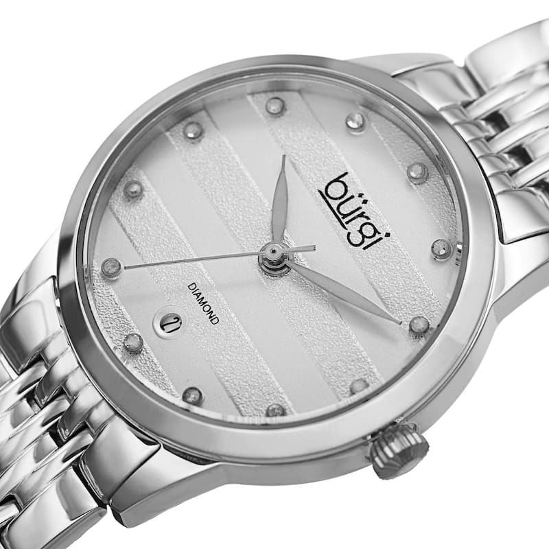 Burgi Women's Quartz Diamond Date Stainless Steel Silver-Tone Bracelet Watch - silver