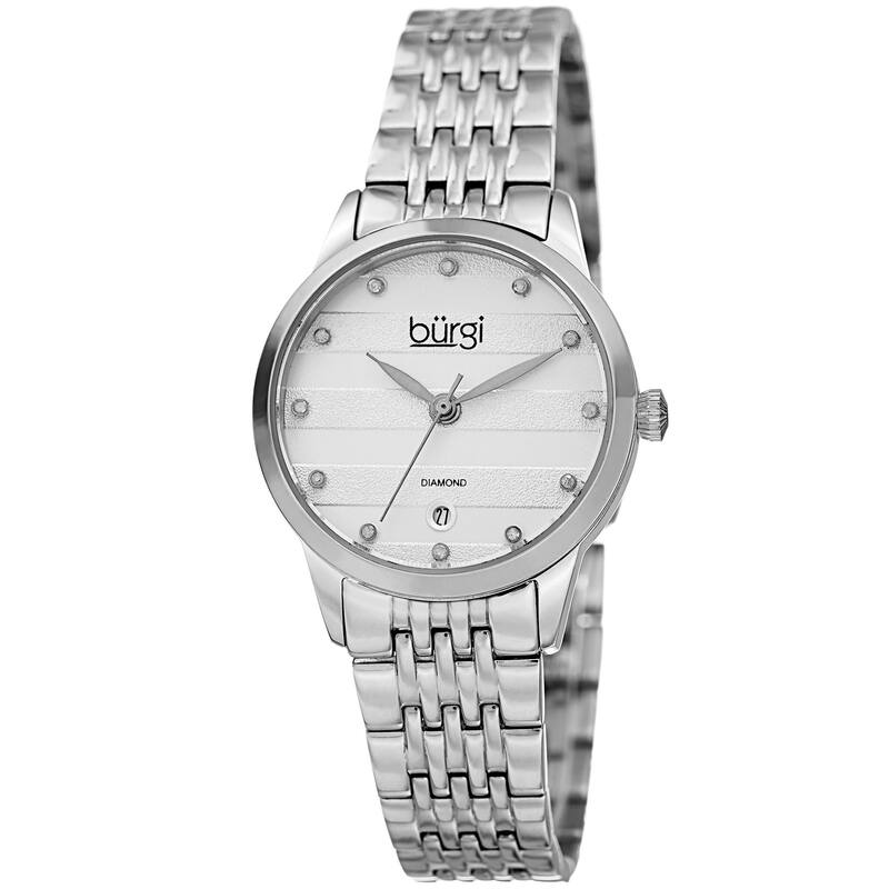 Burgi Women's Quartz Diamond Date Stainless Steel Silver-Tone Bracelet Watch - silver