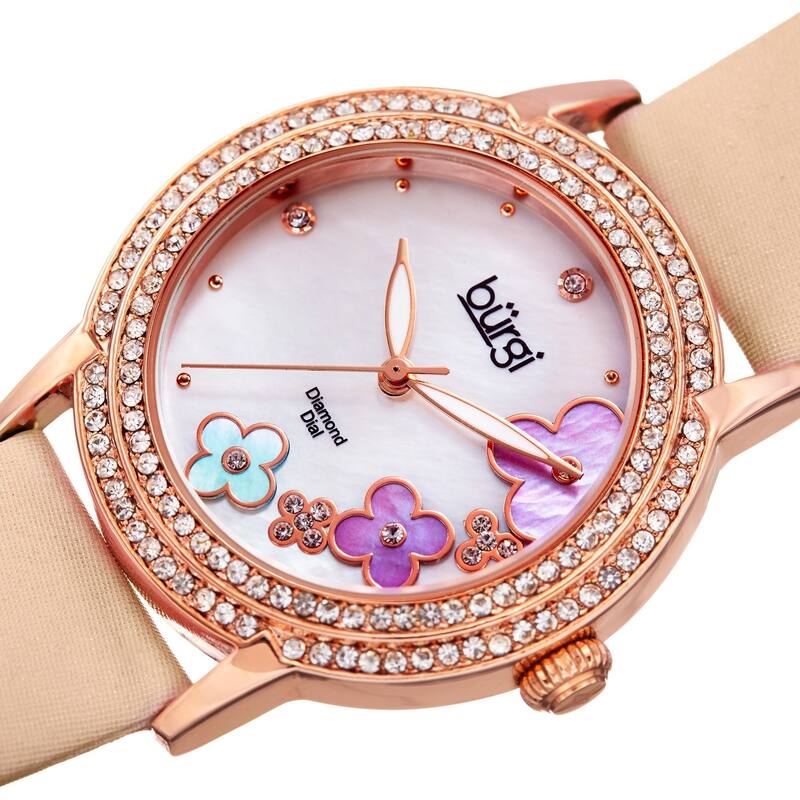 Burgi Women's Swiss Quartz Floral Swarovski Crystal Strap Watch - Pink